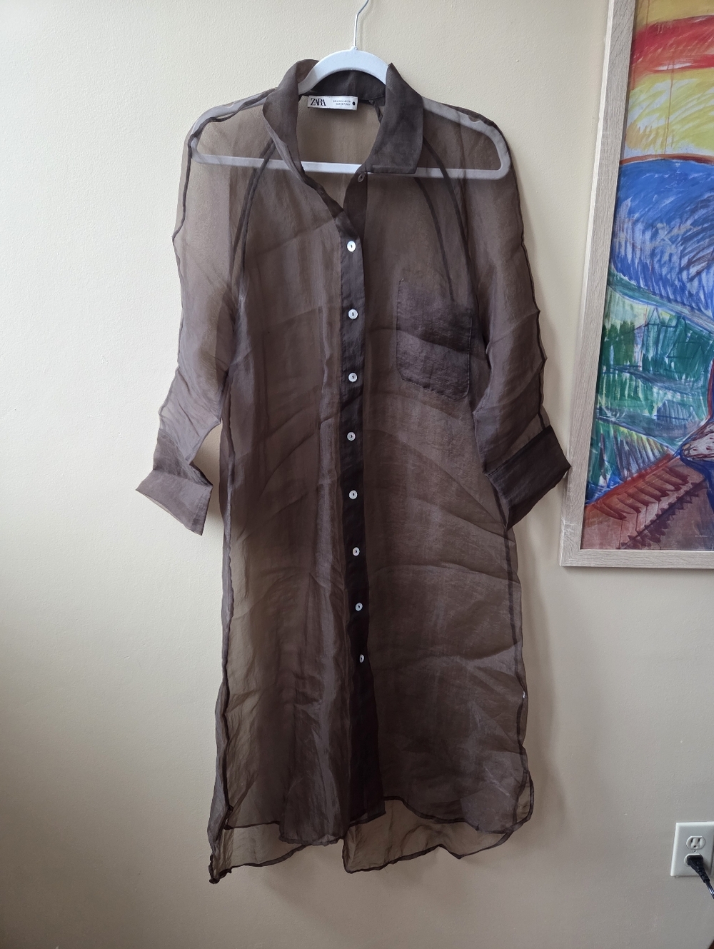 Zara Organza Sheer Midi Shirt, Dress Dark Olive Green/Taupe, Medium